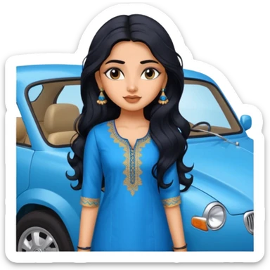 a pretty indian bratz girl with wavy long black hair. wearing a blue kurti, eyeliner on, indian auto behind her sticker