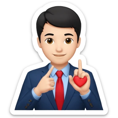 A man in very black short hair with all back hair style, wearing dark blue suit and red tie, making a heart finger sticker
