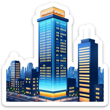 A 3D cartoon city billboard mounted on a tall building, glowing lights at dusk, realistic reflections, Memoji-style. sticker