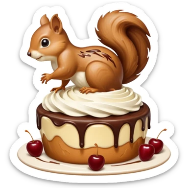 A large caramel custard decorated with chocolate and almonds to resemble a squirrel. Whipped cream with streaks of chocolate forms the shape of the squirrel's tail. It is topped with a cherry. sticker