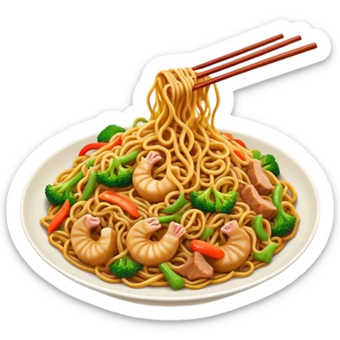 Cinematic Realistic Chow Mein Dish Emoji, showcasing stir‚Äêfried noodles with crisp vegetables and tender meat, rendered with lifelike detail and vibrant, dynamic lighting. sticker