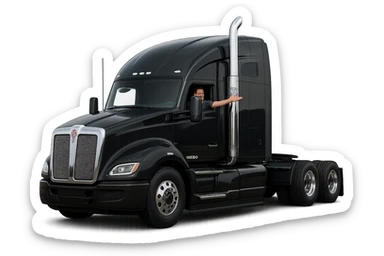 A black 2026 Kenworth W680 semi sleeper truck with chrome stack, a person in the truck with their arm out the window, clear details, modern and clean look, transparent background sticker