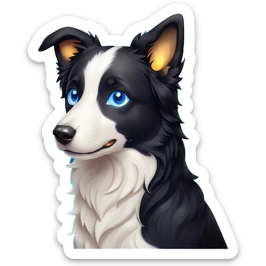 Cinematic Cute Border Collie Portrait Emoji, Head tilted playfully and inquisitively, with a sleek black and white coat and bright, sparkling blue eyes filled with curiosity, Simplified yet irresistibly adorable features, highly detailed, glowing with a warm, friendly glow, high shine, energetic and affectionate, stylized with a touch of whimsy, bright and endearing, soft glowing outline, capturing the essence of a mischievous yet loving pup, so playful it feels like it could bound out of the screen and into your arms! sticker