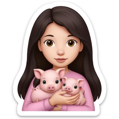 Ragazza bellissima capelli lunghi scuri con piccolo maialino sticker