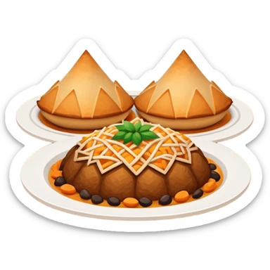 Uzbek cuisine humanless avatar in bright illustration. Classic dishes like plov and samsa, warm golden and earthy tones, simple shapes, flat design, high contrast, friendly and appetizing. sticker