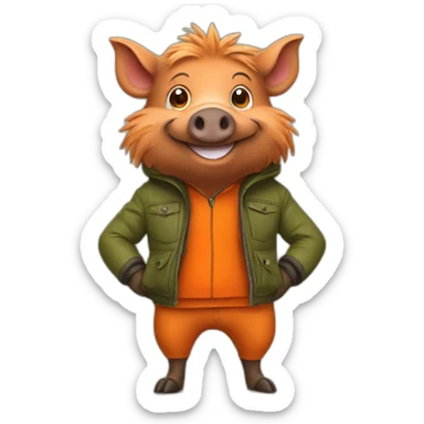 Happy wild boar with orange jacket sticker