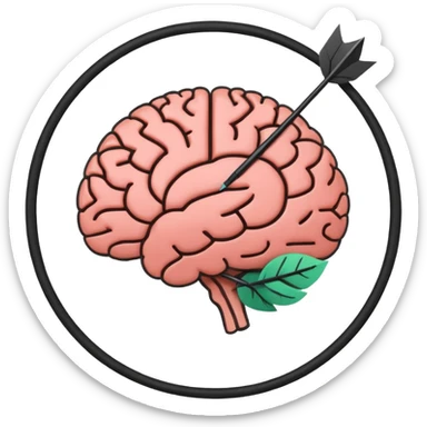 Minimalistic flat vector icon, iOS style, thin black contour on white background. Human brain with two arrows in a circle around it, symbolizing thought change. No text, no shadows. sticker
