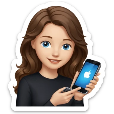 generate a pretty woman with blue eyes, light skin and long and really wavy shiny medium brown hair holding a phone while looking down at the screen. she is wearing an ALL black long sleeve. she is smiling sticker