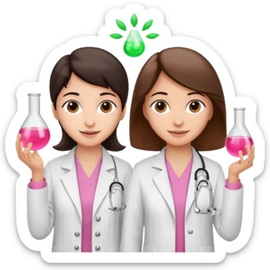 cientificas con blusa rosa y bata blanca felices, una chica con pelo marrón y otra chica con pelo negro sticker
