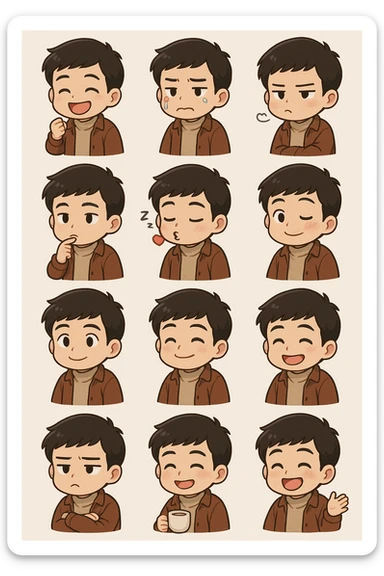 Convert the image into a set of chibi stickers (4x4 grid) outfit similar to this one including expressions of laughing being angry, crying, sulking, thinking, being sleepy, blowing kiss,winking, being suprised sticker