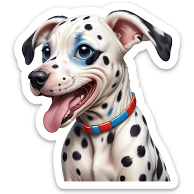 Cinematic Cute Yawning Harlequin Dalmatian Portrait Emoji, Head tilted slightly with a dramatic, wide-open yawn, showcasing a smooth Fur of predominantly white with bold black patches, floppy ears slightly drooping, round blue eyes barely open in drowsy contentment, Simplified yet irresistibly adorable features, highly detailed, glowing with a soft, cozy glow, high shine, relaxed yet expressive, stylized with a touch of whimsy, bright and endearing, soft glowing outline, capturing the essence of a sleepy yet affectionate guardian, so drowsy it feels like it could stretch out of the screen and curl up for a nap! sticker
