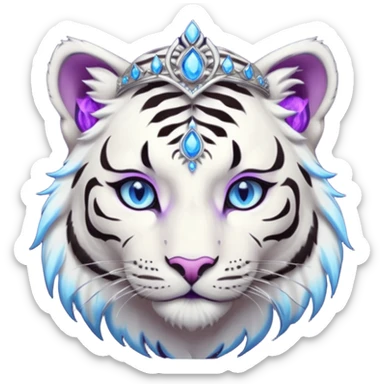 ESO Female white/black tiger khajiit leader of the umbral rose, glowing blue eyes, glowing blue 'third eye' gem; purple gemmed silver tiara sticker