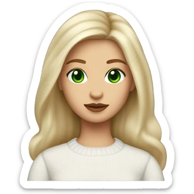 light medium skin, high cheekbone, solo blonde girl with green eyes, medium bust, white sweater, long blow out hair, baddie, middle part, cute,  sticker