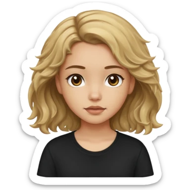 Light skinned girl with dirty blonde wavy hair and deep brown eyes and a black square shirt sticker