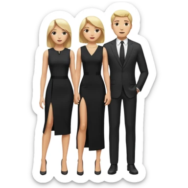 Blonde woman, black, Long, tight, sleveless Dress, Slot left Leg,man in suit, fly sticker