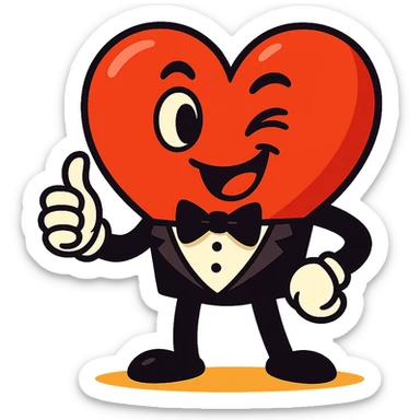 cartoon heart character in a tuxedo, winking and giving a thumbs up, vibrant and playful style, perfect for wedding stickers sticker
