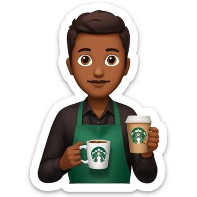 create a sticker of my male bangladeshi friend who is supervisor at starbucks plus coffemaster so black apron woth coffeemaster on it and starbucks logo sticker