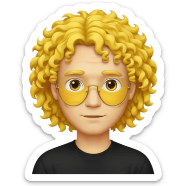 a yellow-faced standard man with mid-long curly hair wearing a black t-shirt, face and shoulders. The yellow of the face is very bright. sticker