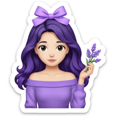 Girl with black wavy long hair and a lavender ribbon hair clip beside it make it look like wearing a lavender off shoulder sweater  sticker