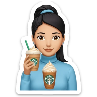  tan skin woman with long face, and very short black hair slicked back ponytail with forehead showing, wearing solid pastel blue turtleneck shirt, drinking starbucks caramel frappuccino, smiling with middle parted hair sticker