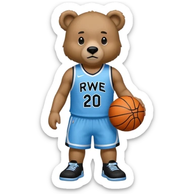Bear with full body and wearing basketball black and light blue jersey that says RWE  sticker