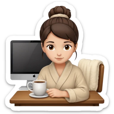 A brunette girl with a bun as hairstyle, with dark brown eyes, dark circles under eyes, tired, sad face, with a mug of coffee in one hand and sitting in front of a computer, wearing a soft fluffy beige robe sticker