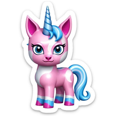 Unikitty, a pink Lego cat unicorn hybrid with blue eyes, a blue unicorn horn, and a blue and white swirl tail sticker
