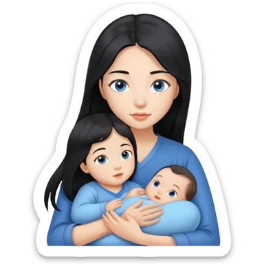 Beautiful Asian girl with long black hair and brown eyes holding baby boy with blue eyes in her arms sticker