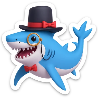 Add a monocle to the shark with a top hat in the style of 3D emoji, no background. sticker