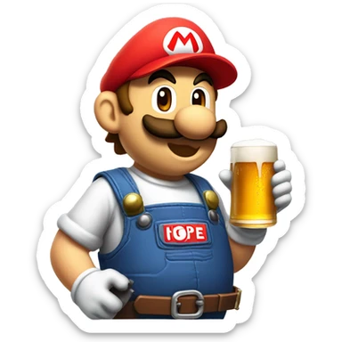 Mario plumber drinking beer with a shirt with the letters “HOPE” with a pipe wrench logo sticker