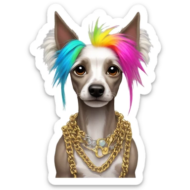 Punk Chinese crested dog neon rainbow hair gold chain punk piercings tattoos punk ear piercings sticker