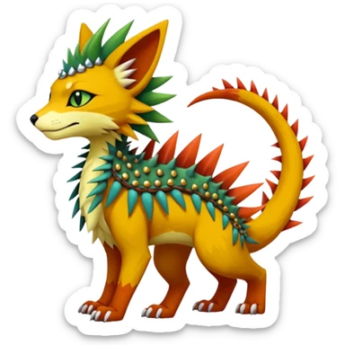 Kawaii cute reddish orangish yellowish greenish exotic tribal beautiful pretty elegant divine edgy feline-vernid-sergal-Fakémon-Pokémon-Digimon-fursona-animal-creature with accessories, jewelries, full body, with intricate detailed markings, spikes, furs, fins, scales, spiny sticker