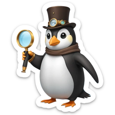 a steampunk engineer penguin analysing a data stream with a magnifying glass on top of an iceberg sticker