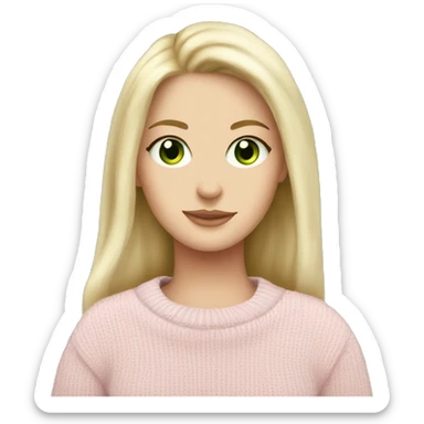 Pretty green eyed white girl with light pink sweater reading cozy sticker