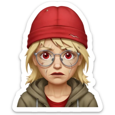 very dirty looking homeless woman with ripped red hat with ugly blond hair and broken glassess sticker