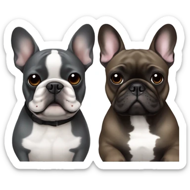 dark gray french bulldog happy alongside a black brown brindle French bulldog, best friends sticker