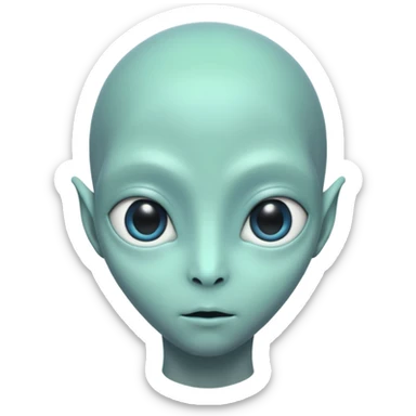 Portrait of an alien with smooth greenish-blue skin, large black oval eyes, small nose, and no visible ears, elongated head, front-facing, calm expression, soft glow, simple futuristic design sticker