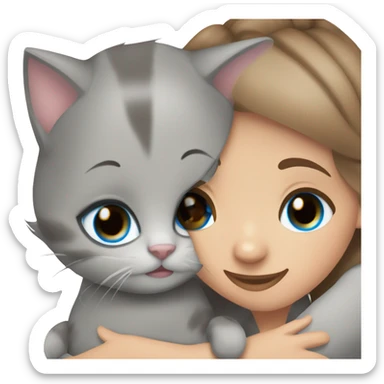 blue eyes grey kitten with two brown hair girls hugs sticker
