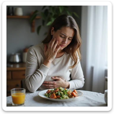 adult woman, photorealistic, painful and suffering expression, hands on abdomen, sitting at table with healthy food plate, discomfort atmosphere, natural light, kitchen background sticker