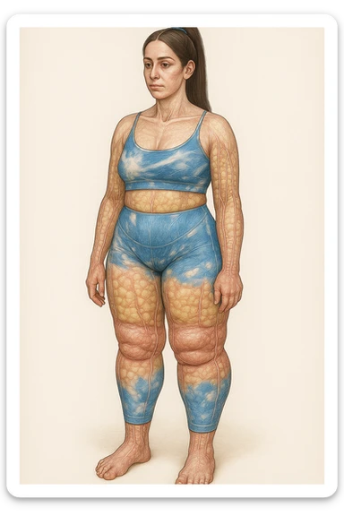 Realistic anatomical illustration of a woman in sportswear inspired by the reference photo, showing evident water retention in the legs. Highlight subcutaneous tissues and fluids in an anatomical style with a neutral background. sticker