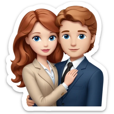 Barbie girl  , eyes blue , Chestnut red long wavy hair In pale beige clothes, Hugs a man with light brown hair short haircut, brown eyes , and a black suit sticker