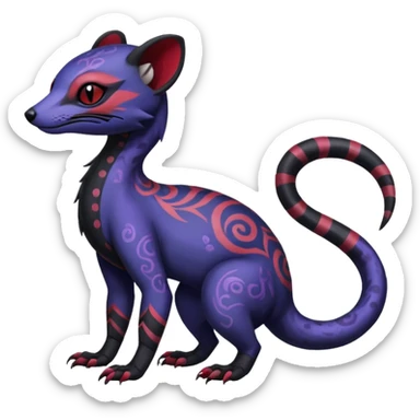 Rare warm-colored exotic gloomy tropical edgy cute epic aesthetic spooky indigo violet white black red gothic colorful Salandit-Noibat-Civet-species-Fakemon-hybrid-creature, with tribal tattoo markings, full body sticker