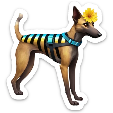  brindle brown black maroon striped lurcher Alsatian fox running blue eyes and iridescent holographic oilslick harness wearing paper iridescent tropical flower crown yellow caution tape sticker