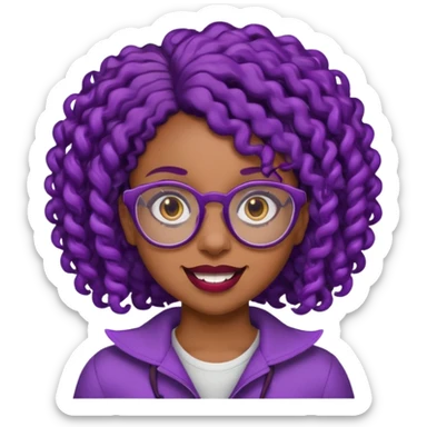 nerd emoji like with glasses showing only her 2 buck teeth but it’s a black girl with purple black curly hair sticker