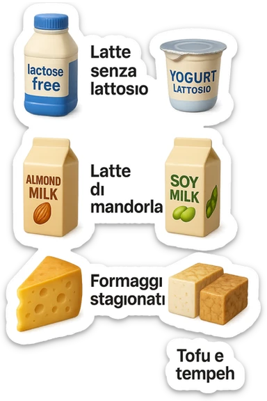 emoji stile iphone 3d di questi elementi che fluttuano in aria:

Latte e yogurt delattosati
Latte di mandorla (non zuccherato)
Latte di soia da proteine isolate
Formaggi stagionati (es. parmigiano)
Tofu compatto e tempeh
 che fluttuano in aria,  le etichette scrivile in italiano, iperealistico 4k sticker