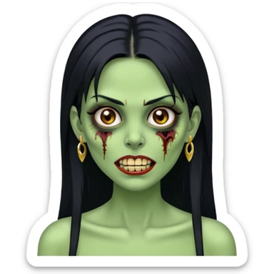 Faça uma zombie mulher bonita verde com olhos castanhos cabelos pretos liso com estilo y2k e com dentes de ouro sticker
