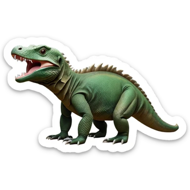 cinematic-komodo-dragon-realistic-full-body-standing on all fours-emoji,-massive-scaled-body-poised-with-quiet-power,-rough-textured-skin-dark-green-and-dark brown, black,-head-tilted-dramatically,-long-forked-tongue-flicking-out,-simplified-yet-realistic-focused-features,-highly-detailed,-glowing-with-an-almost-sarcastic-glow

 sticker