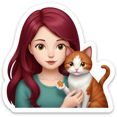 Beautiful, long, burgundy haired girl, feeding cat sticker
