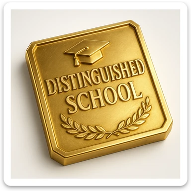luxurious gold plaque with the words 'Distinguished School' engraved, featuring refined academic motifs sticker