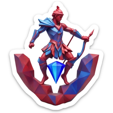 A Sagittarius sculpture with a geometric, faceted design. The Sagittarius is standing upright with angular and baroque features. The vibrant red with blue accent flame colors highlights the sharp edges and planes. sticker
